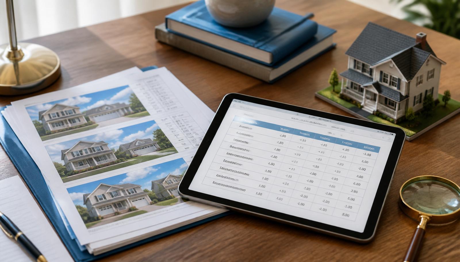 Comparable property printouts beside a tablet showing a line-by-line adjustments table and a small house model — illustrating BlueNest's traceable comparable and adjustment workflow.
